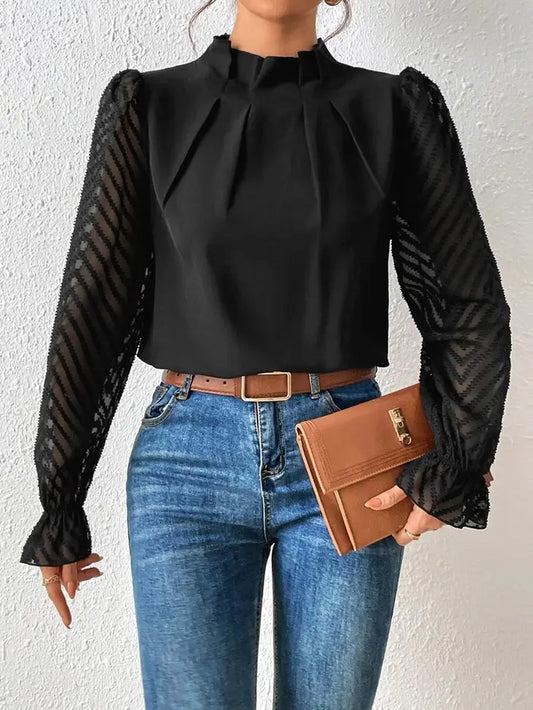 Long Puff Sleeve Wave Chiffon Blouse