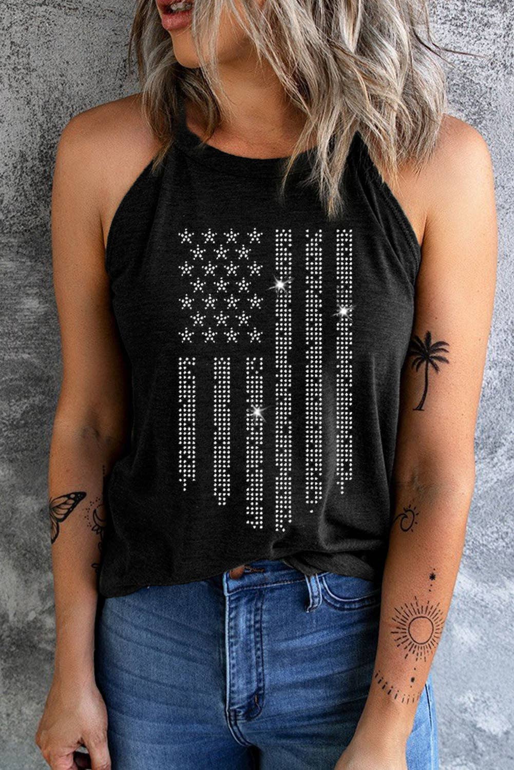 Black Shiny American Flag Tank Top