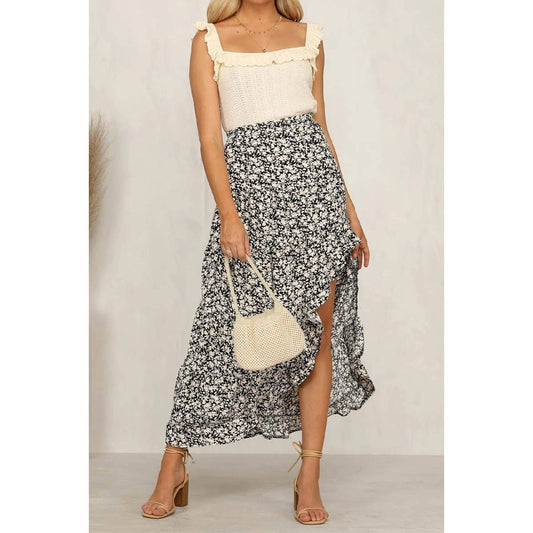 Polka Dot Ruffled Maxi Skirt: Black