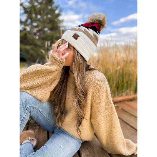 Aztec Natural Faux Fur Pom C.C Beanie