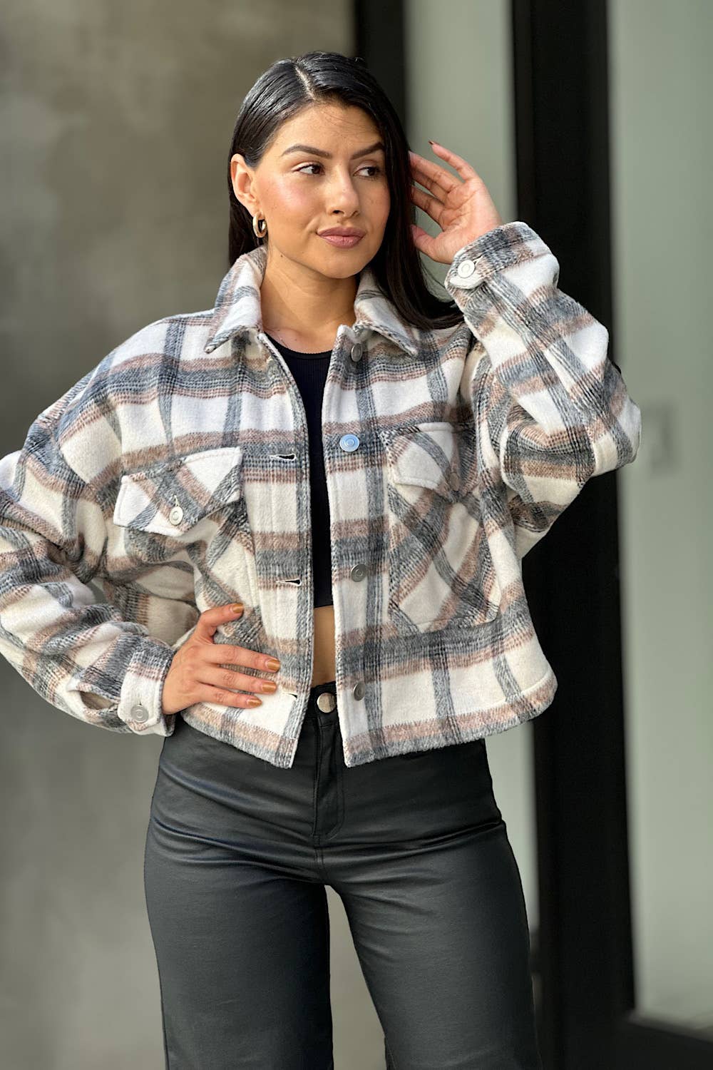 Drop Shoulder Cropped Plaid Shacket