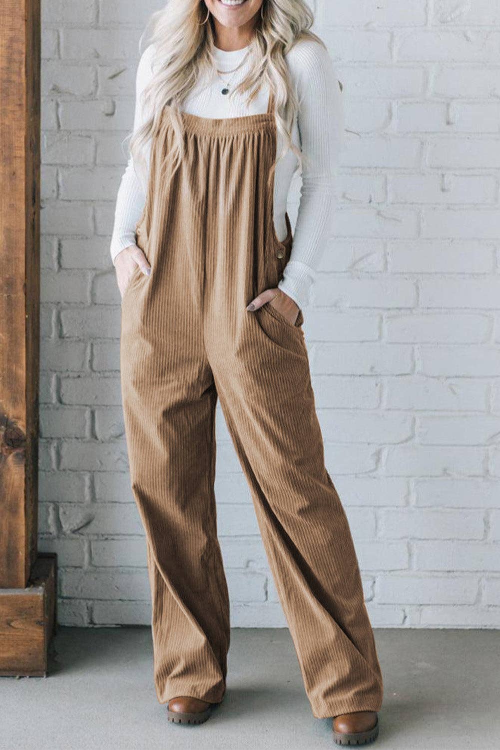 Solid Pocketed Corduroy Overalls