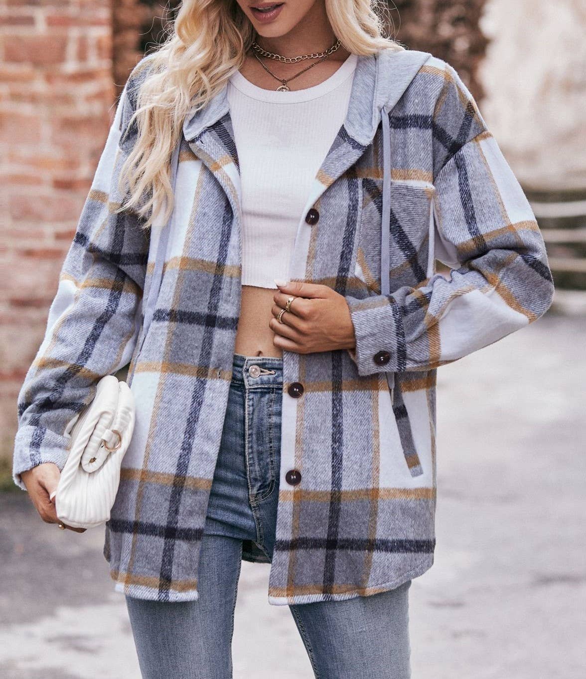 Hooded Midi Plaid Shirt Jacket