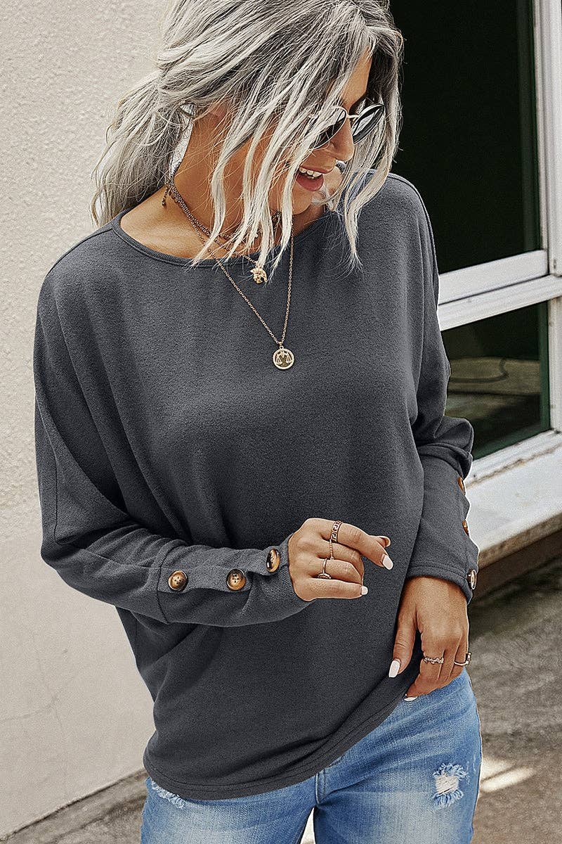 ROUND NECK BUTTON LONG SLEEVES TOP in Charcoal