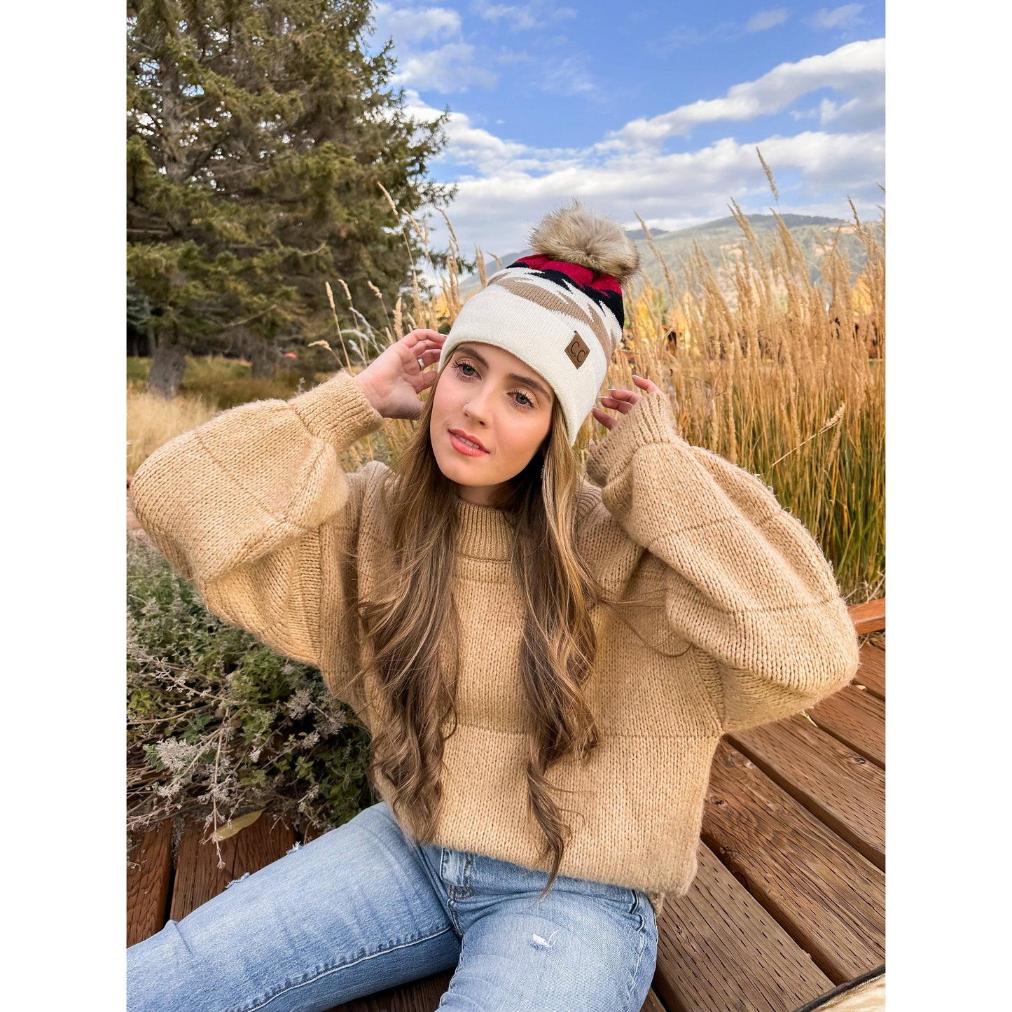 Aztec Natural Faux Fur Pom C.C Beanie