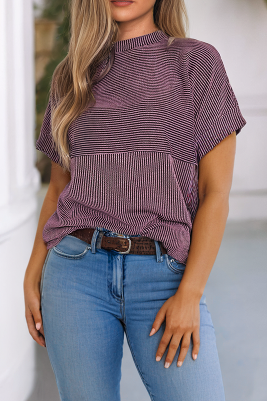 Plain Corded Knit Mock Neck T Shirt