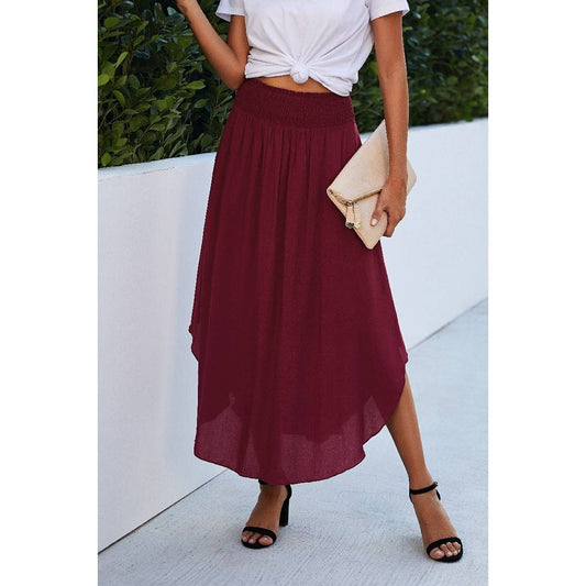 Solid Loose Fit Ruffle Maxi Skirt; Wine