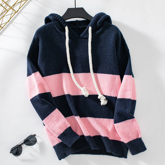 Hooded Contrasting Loose Casual Knit Sweater