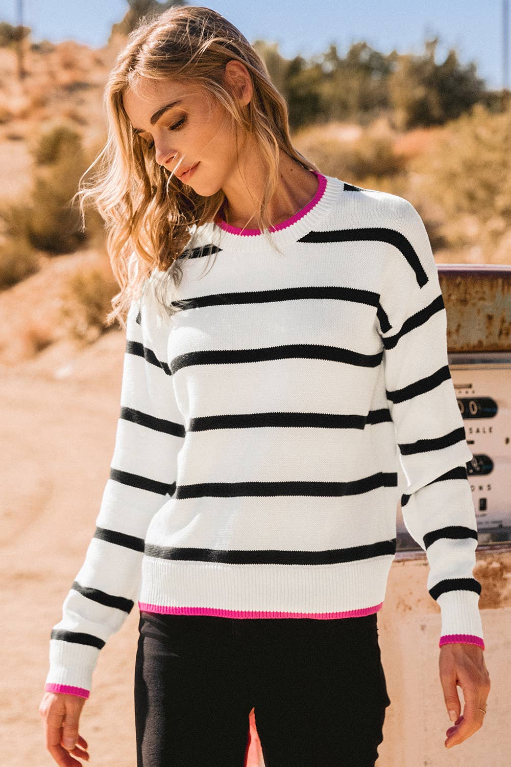 Stripe Contrast Drop Shoulder Sweater