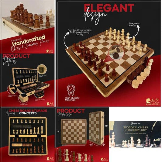 Wooden Chess/Checkers Sets - Magnetic Board - Premium 15"