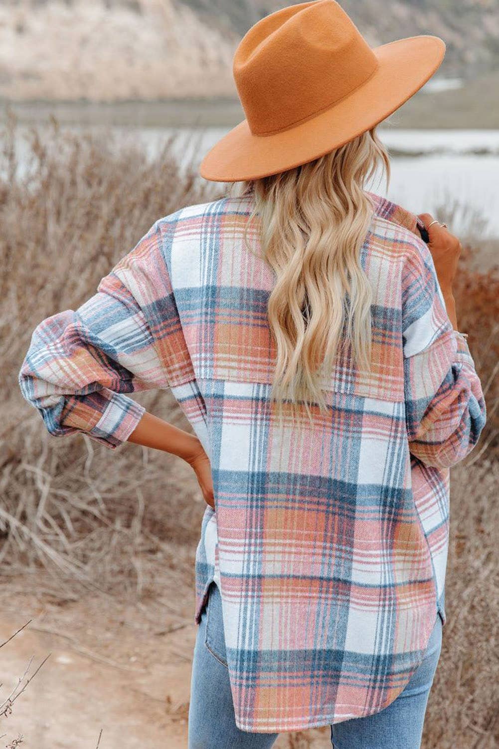 Casual Plaid Flap Pockets Shacket