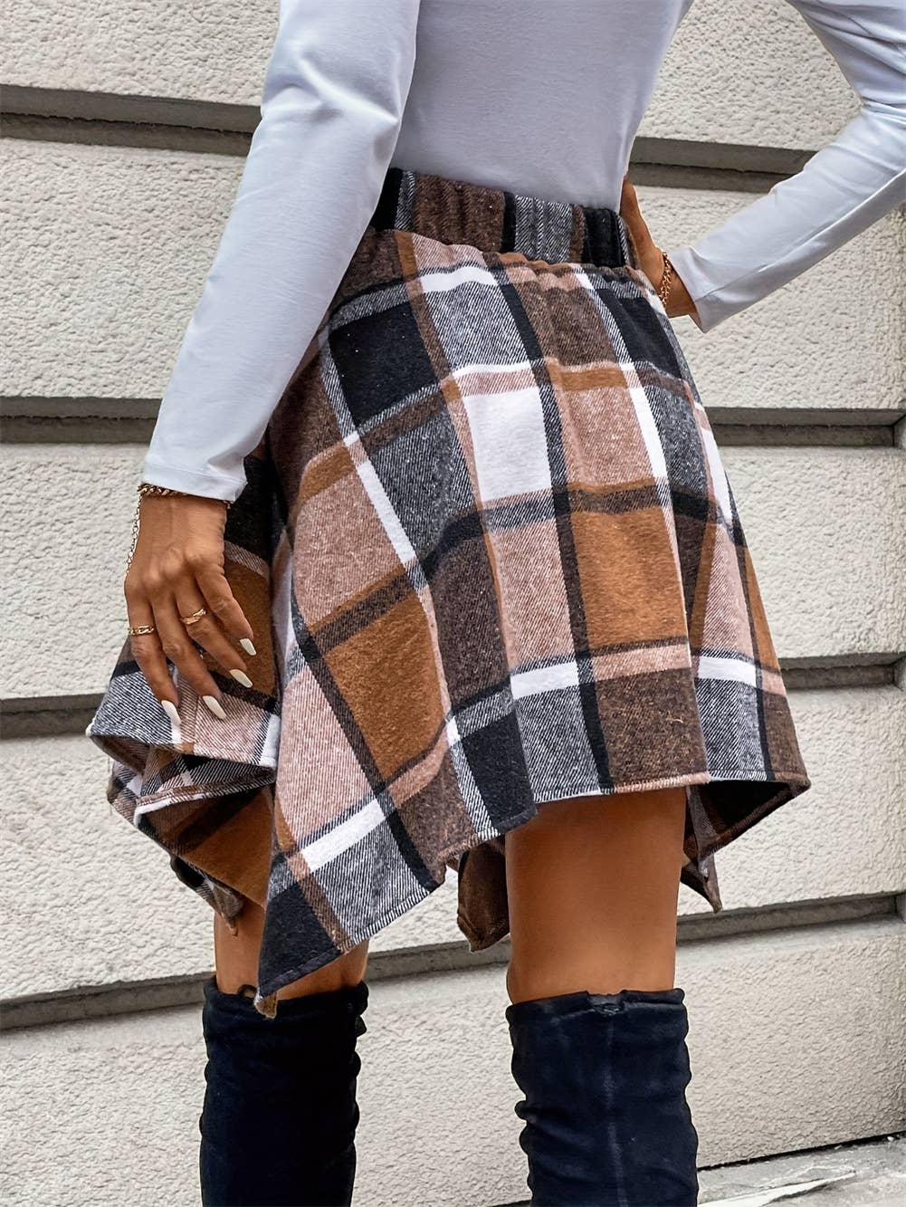 Panelled Checked Lace-Up Skirt