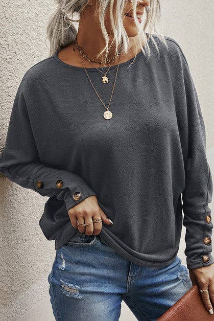ROUND NECK BUTTON LONG SLEEVES TOP in Charcoal