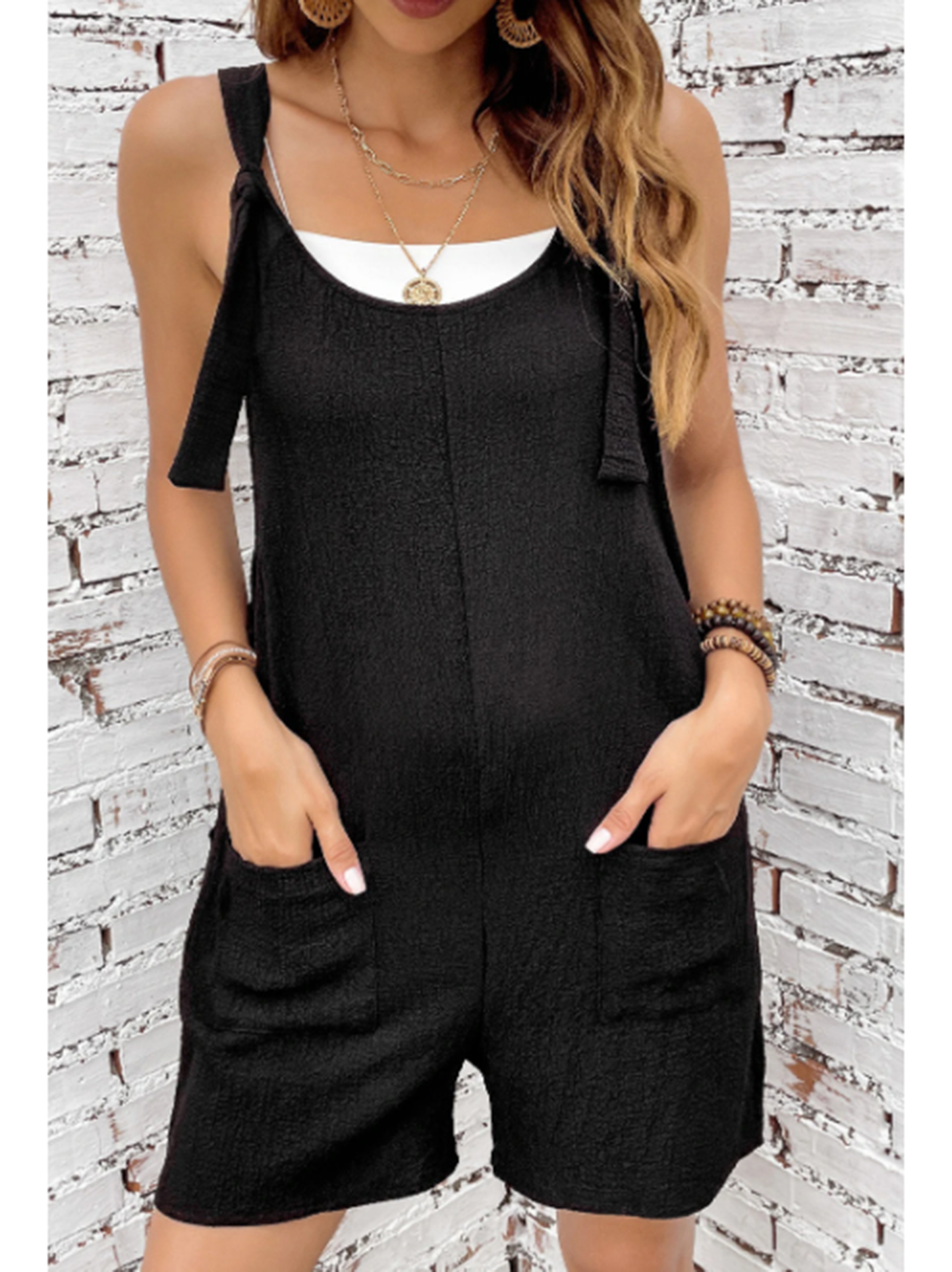 Black Pocket Textured Romper