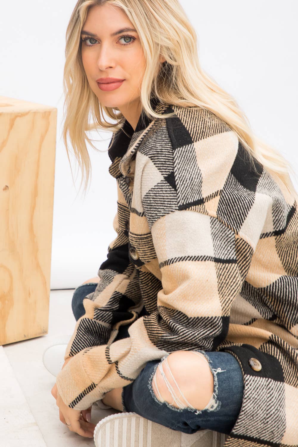 Wool Like Plaid Print Long Shacket