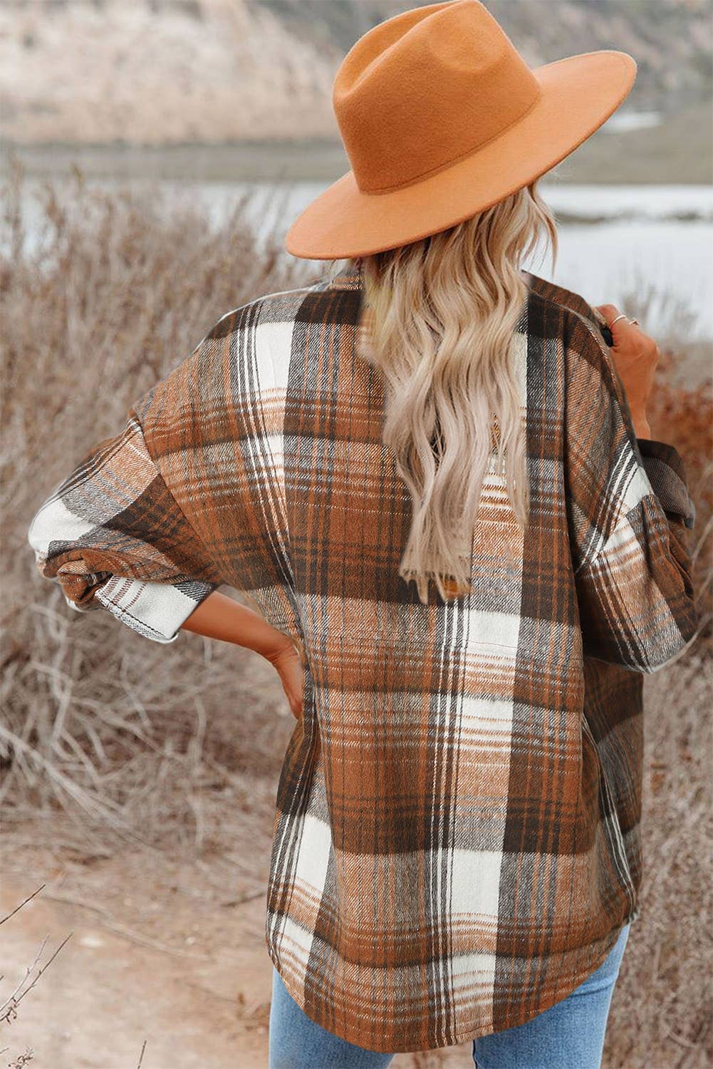 Casual Plaid Flap Pockets Shacket