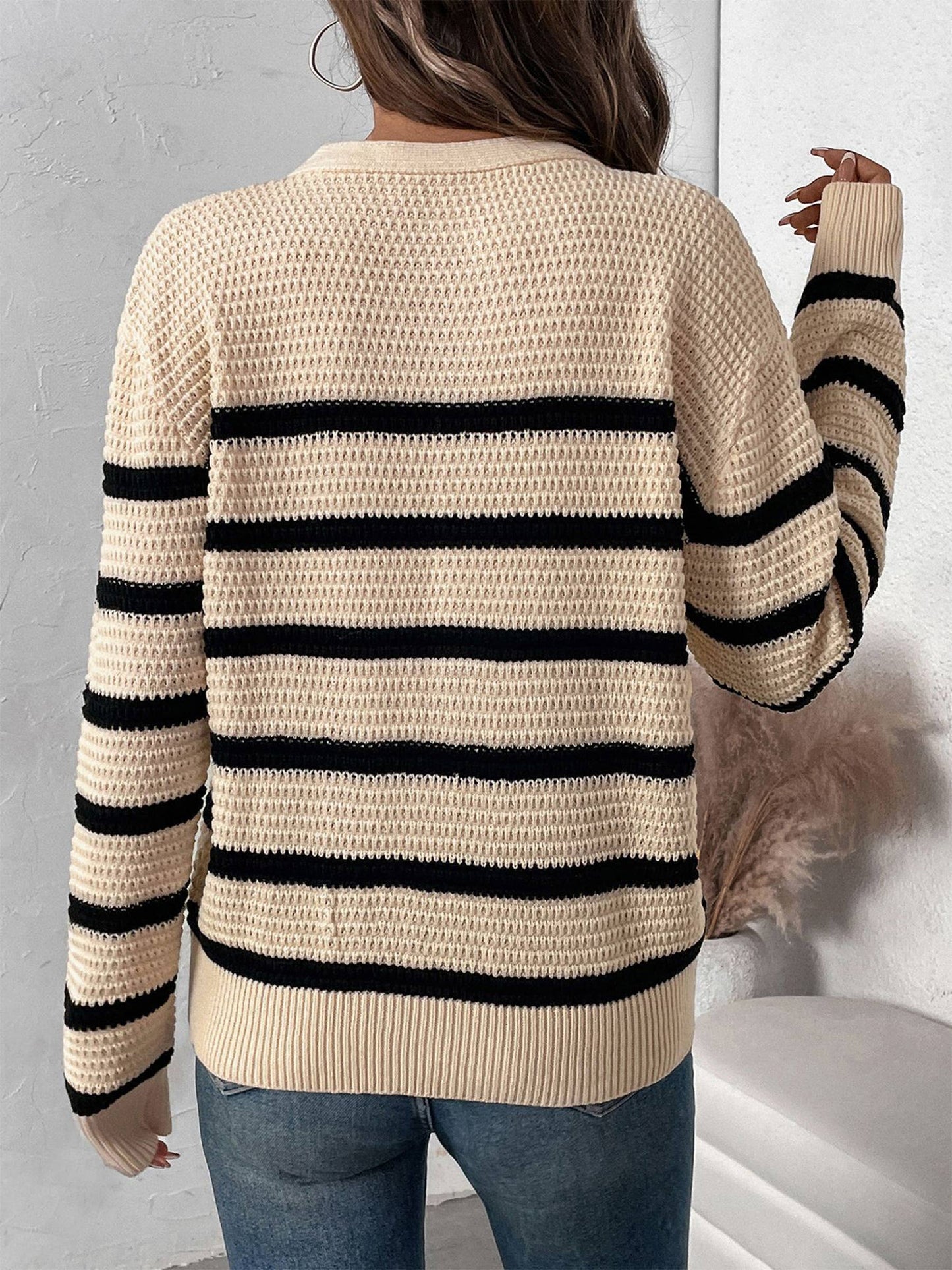 Button Striped Loose Sweater