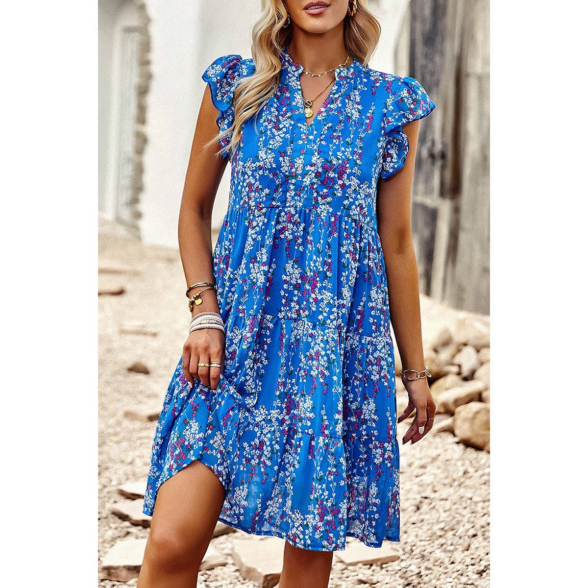 Floral Print V Neck Color Block Ruffle Puff Sleeve Dress