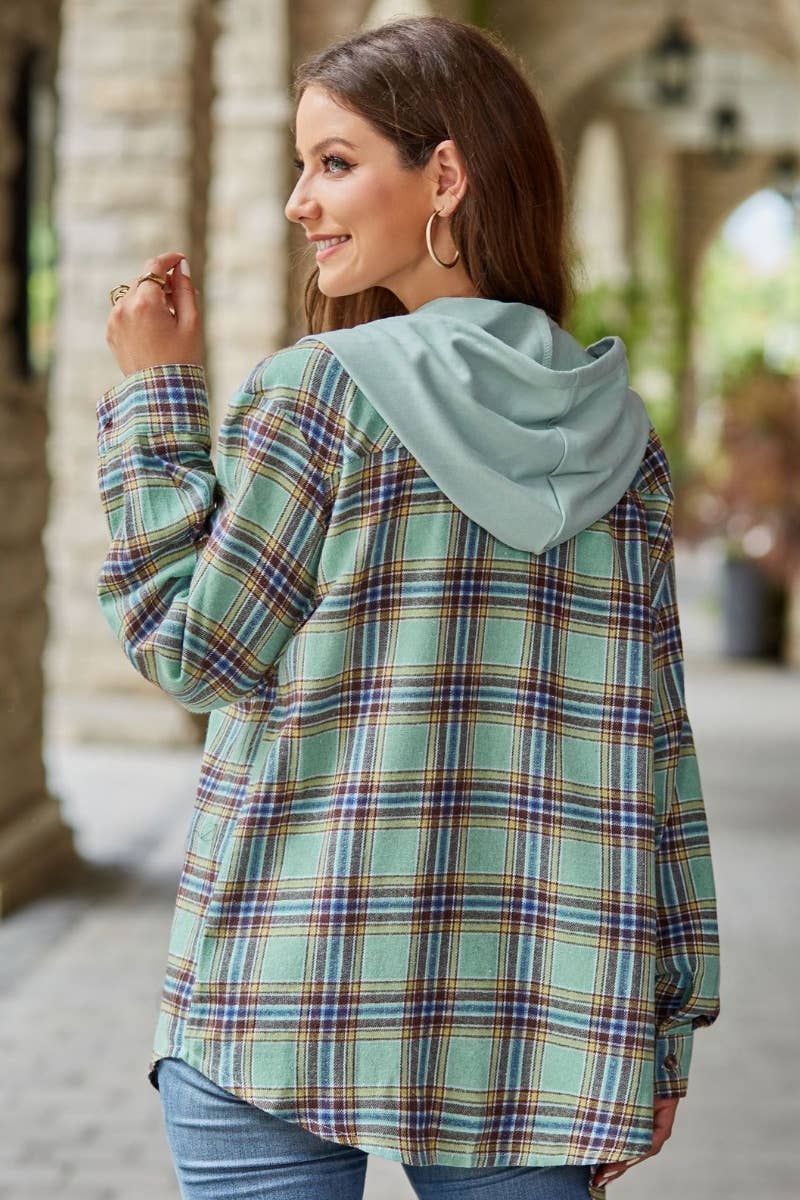 FALL CASUAL LONG-SLEEVED HOODED PLAID SHIRT TOP