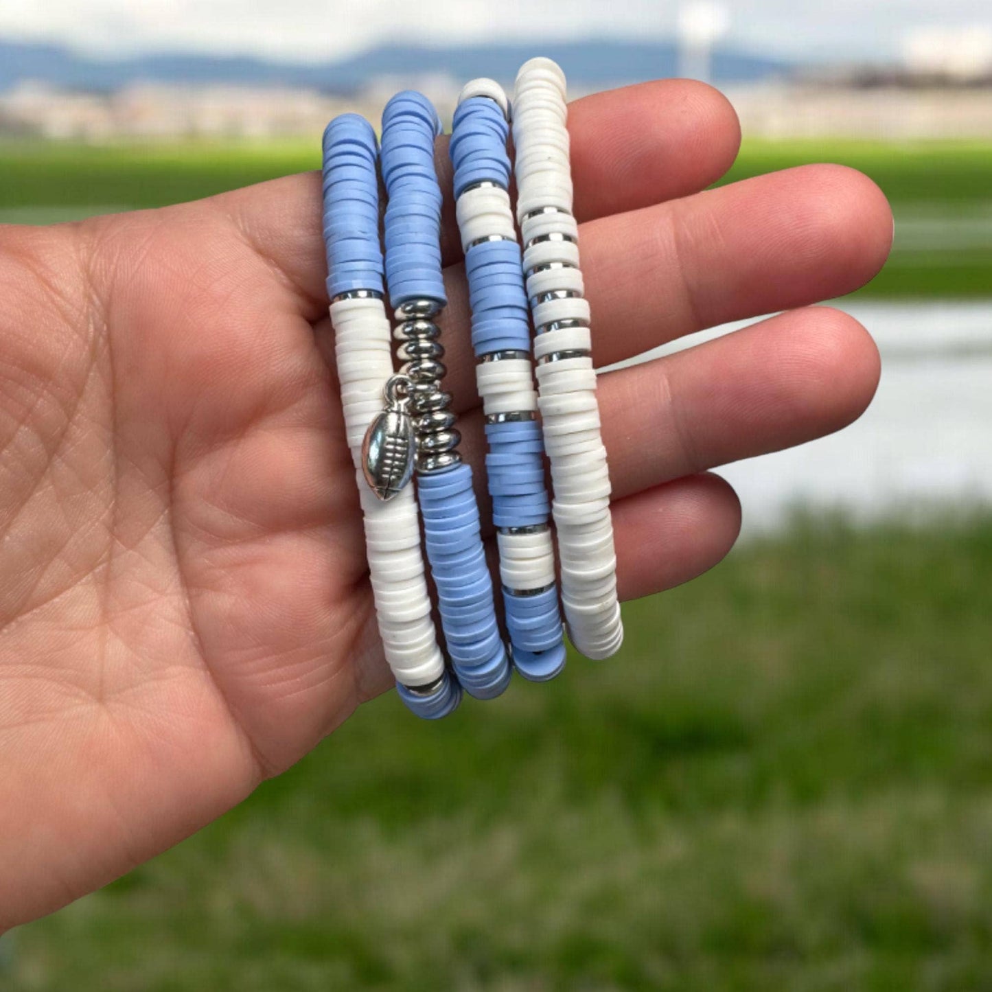 Light Blue and White Game Day Bracelet Stack