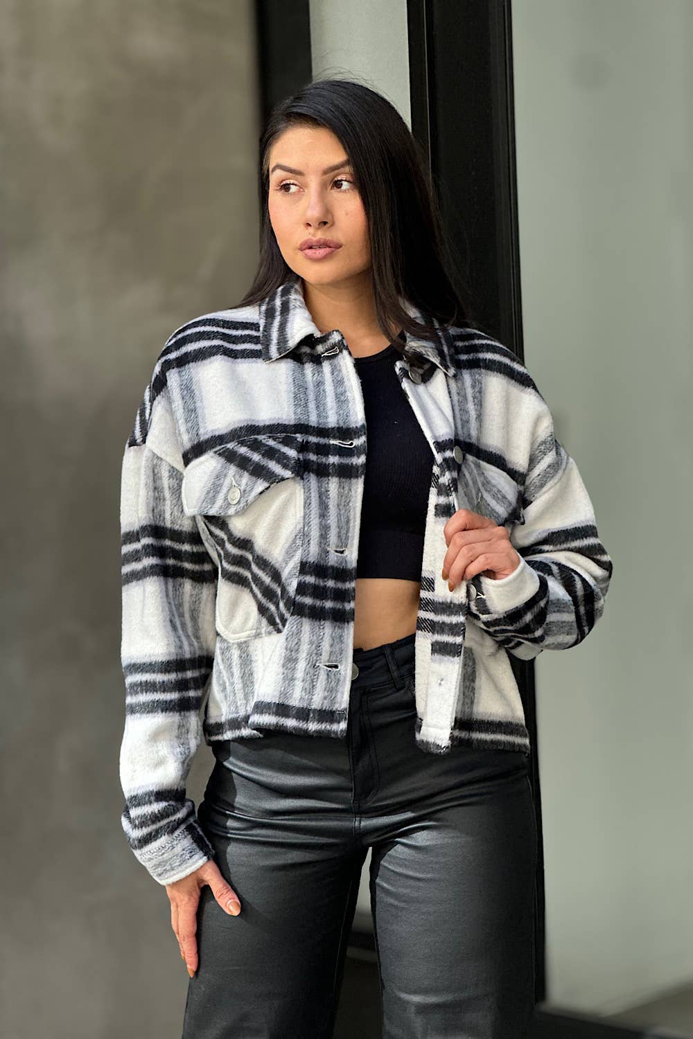 Drop Shoulder Cropped Plaid Shacket