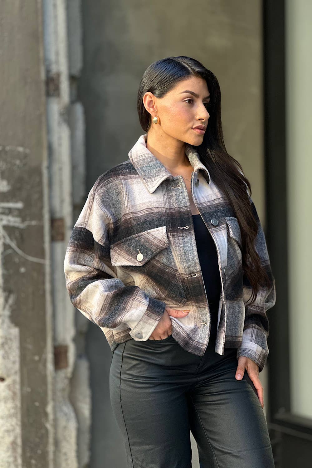 Drop Shoulder Cropped Plaid Shacket