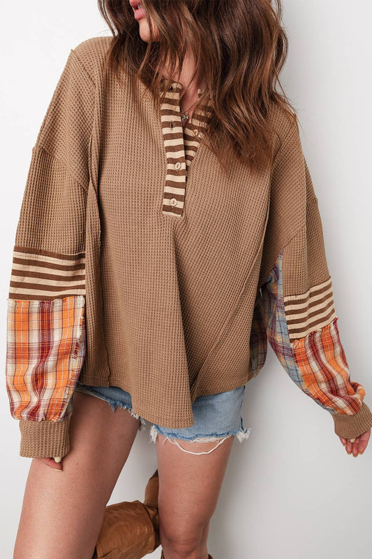 Patchwork Henley Knit Top