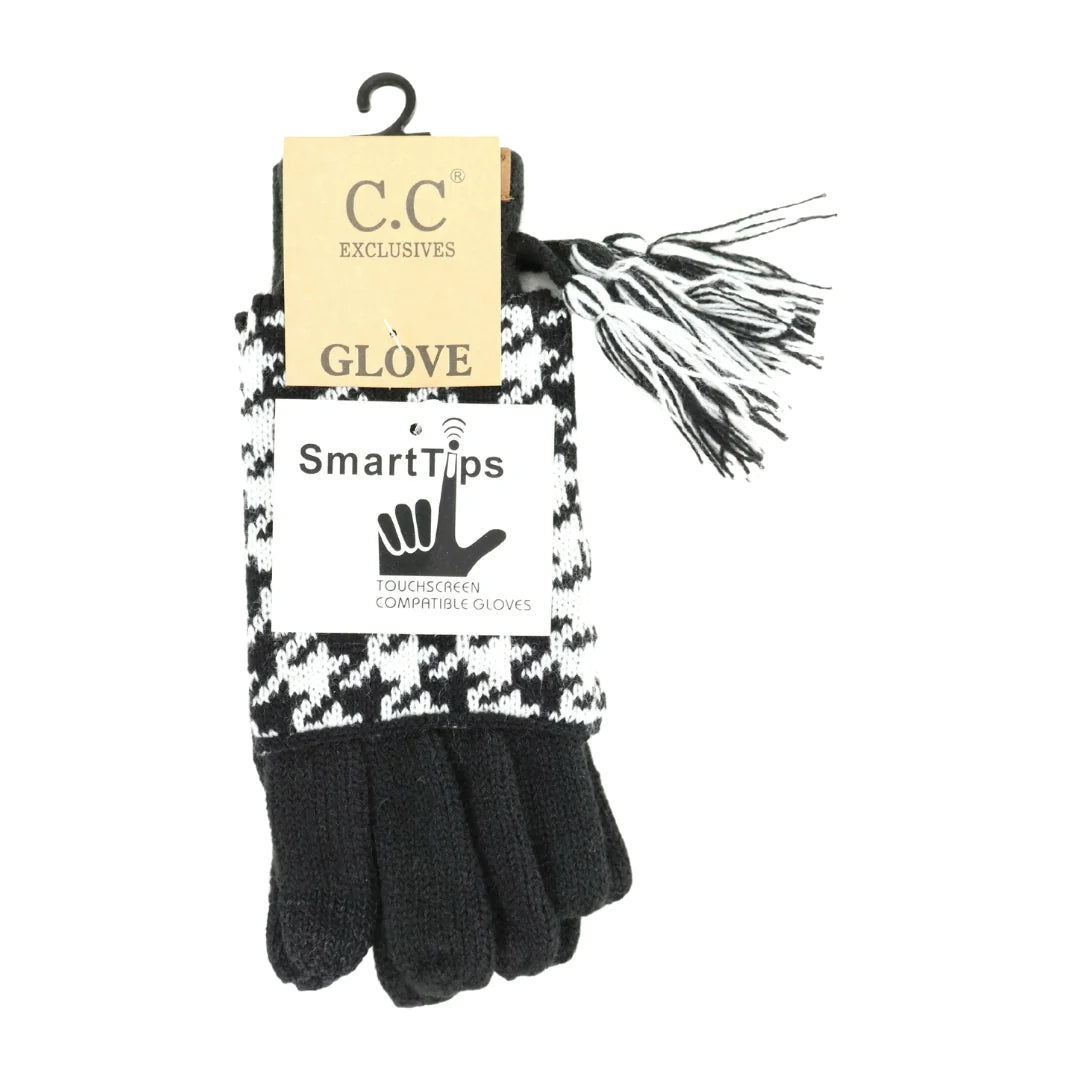 Houndstooth Cuffed CC Beanie Gloves: Black & White