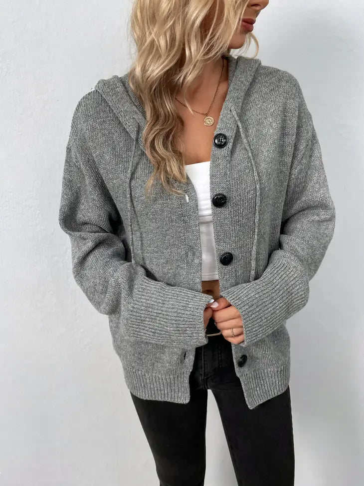 Ribbed Knit Button Cardigan Hoodie