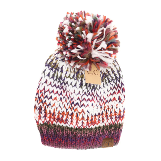 Fuzzy Lined Yarn Pom CC Beanie; Rust Mix
