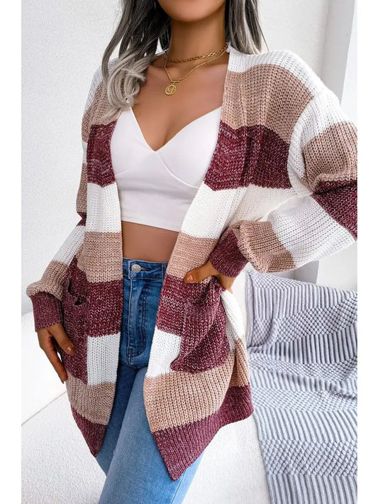 Color Block Open Front Knit Cardigan